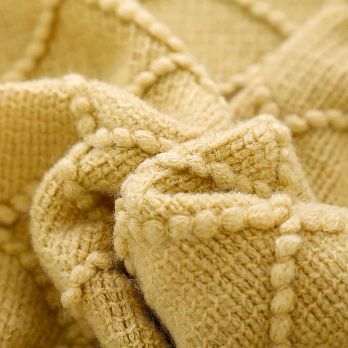 BOURINA Mustard Throw Blanket 50x60 Inch Boho Knit Soft Throw Sofa Blanket | Knitted Throw Blanket 50x60 Inches, Soft Lightweight Boho Weave Throw Decorative Couch Blanket for Living Room Bedroom Chair