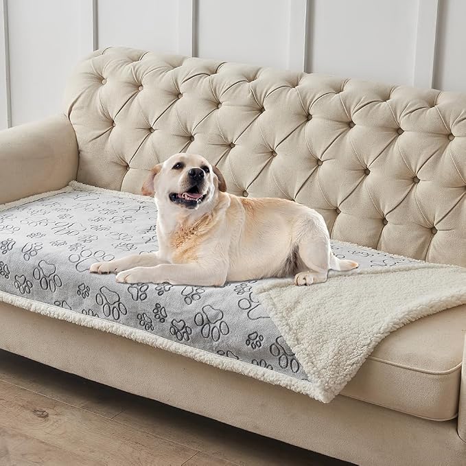 Pet Blankets for Couches, Waterproof Dog Blankets for Large Dogs, Sherpa Fleece Puppy Blanket, Soft Plush Reversible Dog Blanket, Couch Cover for Dogs Washable, 30"X70", Grey Paw Print