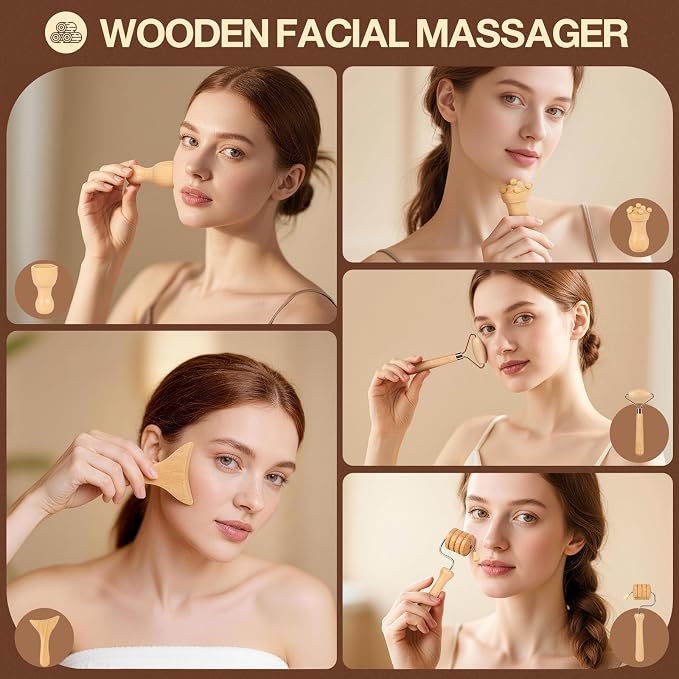 16Pcs Wood Therapy Massage Tools Set for Body Sculpting | Wooden Rollers, Gua Sha & Facial Rollers for Lymphatic Drainage, Home Spa Routines, Face, Neck, Waist, Abdomen, Hips and Legs