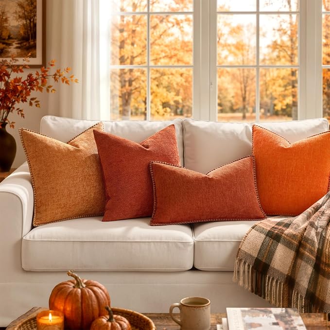 MIULEE Fall Decorative Couch Throw Pillow Covers 18x18 Inch Bright Orange | 2 Pack, Farmhouse Pillow Covers with Stitched Edge, Soft Chenille Cushion Case, Sofa Bed LivingRoom Home Decor