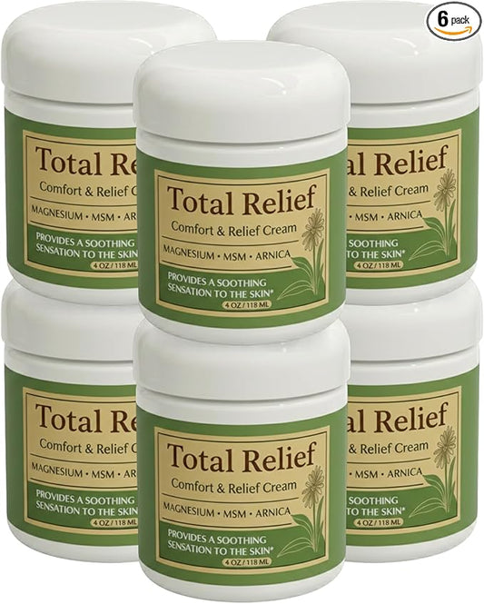 Total Relief Magnesium Cream for Comfort – Fast-Absorbing MSM & Arnica Cream for Healthy, Comfortable Nerves and Daily Comfort – 4 Fl Oz (Pack of 6)