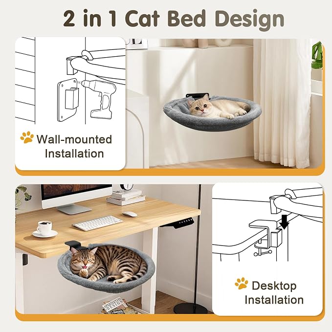 17.3" Extra Large Cat Desk Bed, 2 in 1 Comfy & Space-Saving Cats Bed for Desk, Cat Desk Hammock with Dual-Sided Reversible Mat for Hard Wall and Various Desktops-Maximum Hold Up to 40lb
