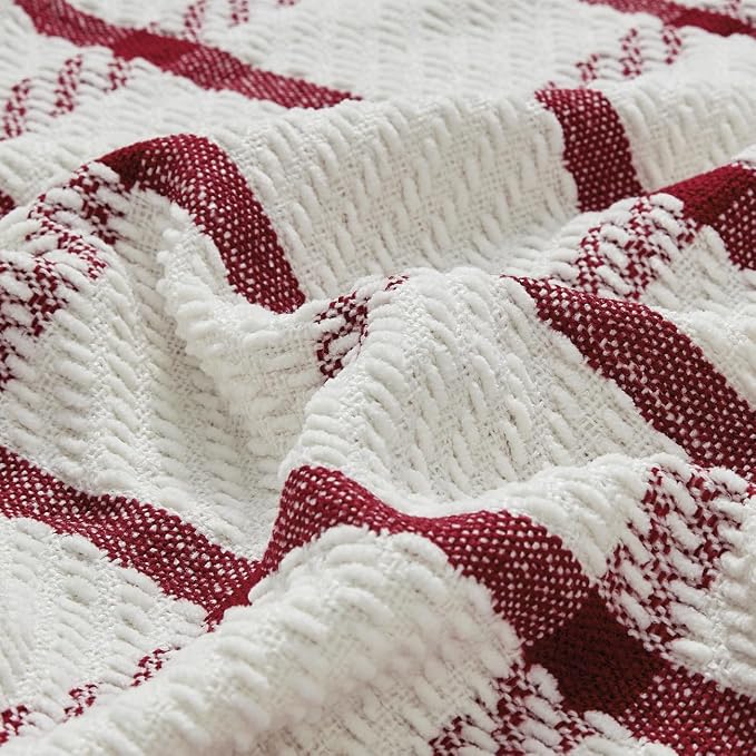CREVENT 50"X60" Farmhouse Breathable Soft and Warm Chenille Plaid Throw Blanket for Sofa Couch Bed, Home Decoration Throw with Tassles (Red & White)
