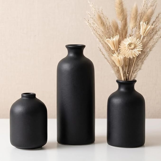 Small Ceramic Vase Set of 3,Modern Boho Farmhouse Flowers Vases | Decorative Vase for Dried Flowers,Pampas Grass,Home Decor,Shelf,Bathroom,Centerpiece for Entryway Table Distressed