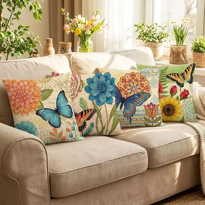 wyooxoo Spring Summer Pillow Covers 18x18 Set of 4 Farmhouse Throw Pillow Covers Linen Flower Butterfly Decorative Pillowcases for Sofa Couch Living Room Outdoor