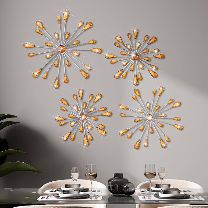 Hicarer 4 Pcs Starburst Wall Decor Bling Wall Art Crystal Teardrop 3D Hanging Rhinestone Radial Metal Artwork Modern Accent Sculptures Decorations for Living Room Home Office Bedroom(Amber)