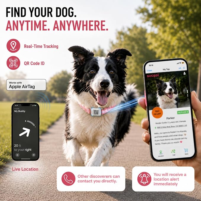 AirTag Dog Collar with QR Code ID, Dog Collar with Air Tag Holder, Pink, L