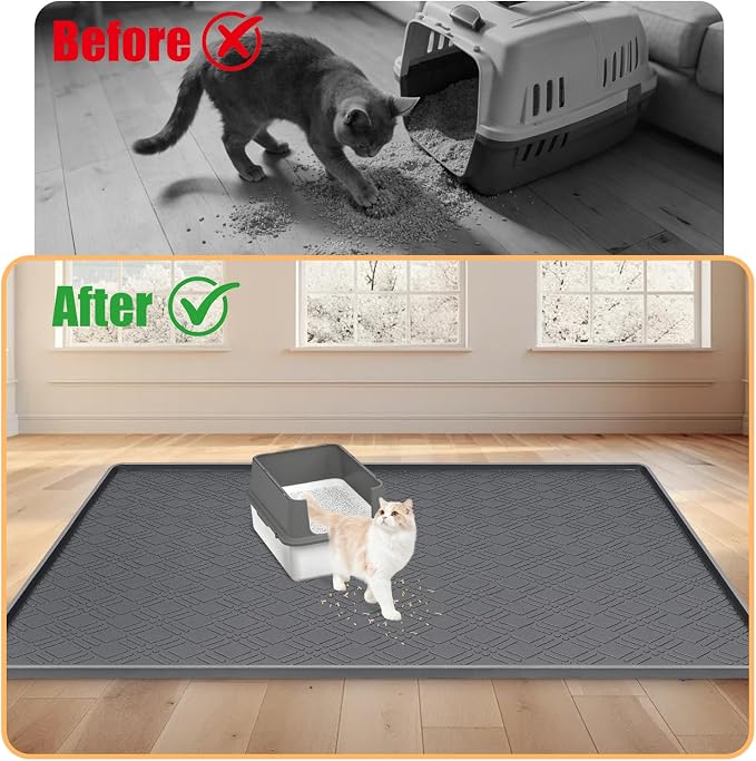 Silicone Cat Litter Mat 42" x 29" Cat Mat for Litter Box, Dark Grey | Extra Large Cat Litter Trapping Mat for Floor, Waterproof, Non-Slip Kitty Litter Box Mat with Raised Edge, Easy to Clean