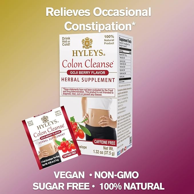 HYLEYS Colon Cleanse Tea, Goji Berry Flavor - 300 Individually Wrapped Herbal Tea Bags (12 Pack of 25) - Caffeine Free, Vegan