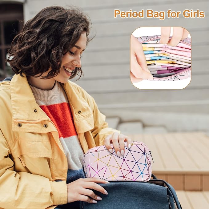 Likesing Period Bag for Girls Womens, Leather Sanitary Napkin Storage Bag, Portable Menstrual Pad Bag Period Pads Pouch, Small Make Up Bags(Colorful Pink)
