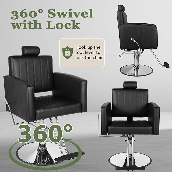 Black Salon Chair for Hair Stylist, Heavy Duty Hydraulic Barber Salon Chair with Vertical Stitch Design, 360° Swivel, Adjustable Height, Ergonomic Reclining Stylist Chairs for Beauty Salon
