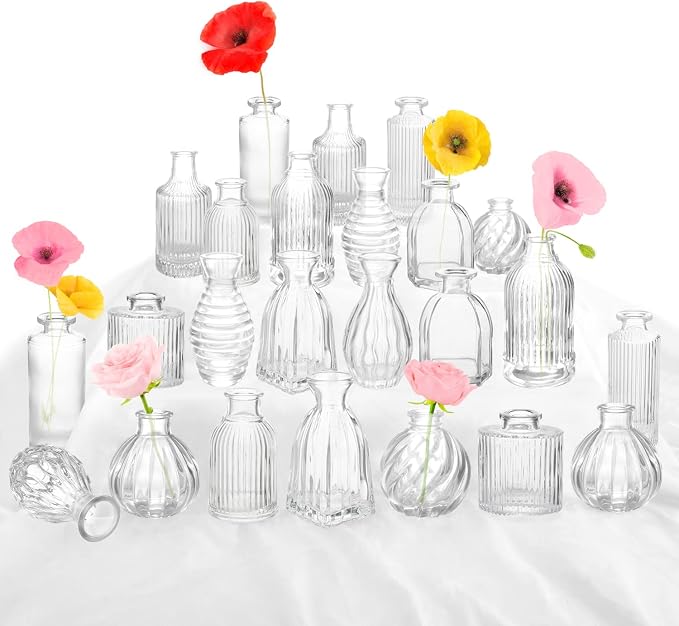 Bud Vases in Bulk 24, Small Glass Vase for Table Centerpieces | Vintage Vases Mini Clear Single Flower Vase Bulk for Wedding Decor Rustic Decorative Christmas Vases Set Home Decorations