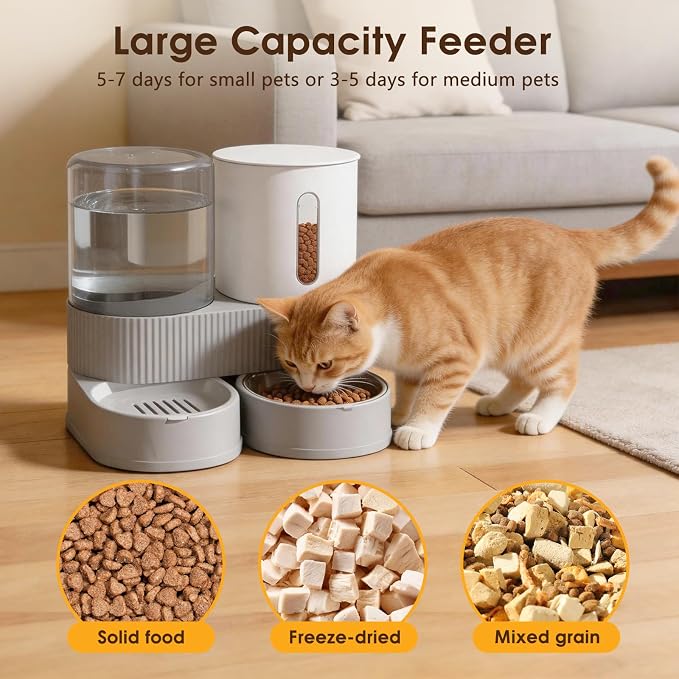 2 in 1 Automatic Gravity Cat Dog Feeder and Water Dispenser with 304 Stainless Steel Bowls, 360 Degree Rotatable Auto Food with 2 Specialized Brushes for Small Medium Pet Dog Puppy Kitten (Gray)