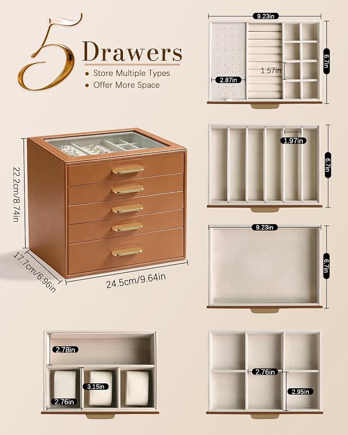 Homeanda Jewelry Boxes Organizer with Glass Lid, 5-Layer PU Leather, Brown | Modern style display case with 5 drawers for daily jewelry, women, mom or girl gift