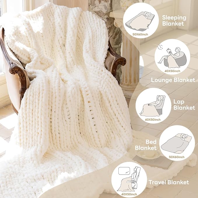 Chunky Knit Blanket - Luxury Soft Cozy 40 * 50 Throw Blanket,100% Woven Blanket Rope Knot Throw Blanket for Couch, Sofa, Home Decor, Gift - Machine Washable (Ivory White, 40 * 50)