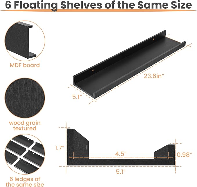 upsimples Floating Shelves for Wall Decor and Storage, Black, 6Pcs 23.6'' | Wall Mounted Wood Shelves for Living Room, Bedroom, Bathroom, Kitchen, Office, Nursery Room, Coffee Bar Display and Organize