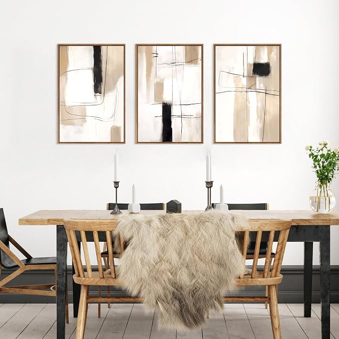 FWIEXA Modern Abstract Canvas Wall Art Set of 3, Framed Neutral Wall Decor, Large Black White Wall Painting, Beige Cream 24x36 Inch Prints Artworks for Living Room, Bedroom, Dining Room, Office