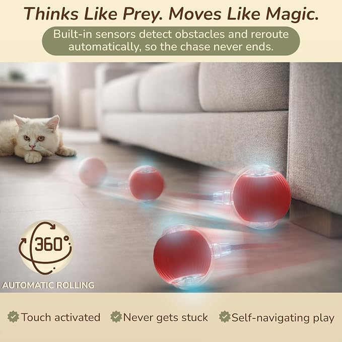 Interactive Cat Toy Automatic Moving Ball, Indoor Cats, Rechargeable, Red