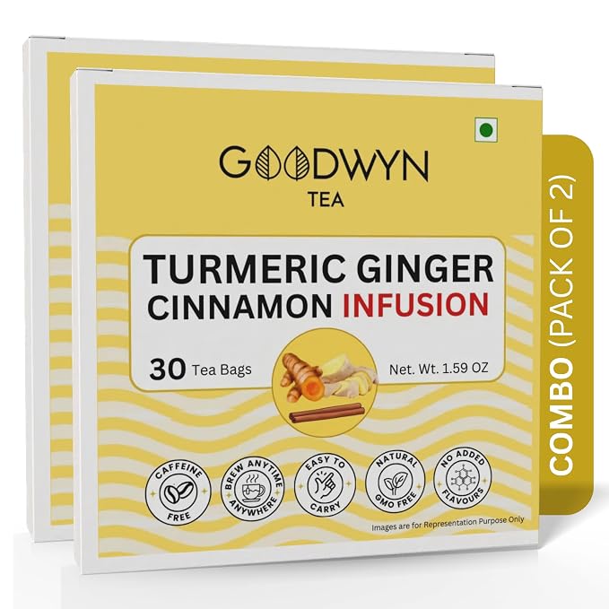 Goodwyn Turmeric Ginger Cinnamon Tea (60 Tea Bags) | Herbal Spice Blend | 100% Natural Ingredients | Caffeine Free | Plastic Free Tea Bags | Warming & Aromatic | Golden Turmeric Tea | Perfect Hot or Iced | Premium Herbal Infusion for Daily Enjoyment