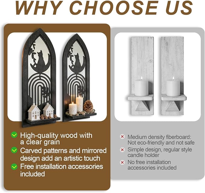 ZEXUIRU 2 Set Rustic Candle Sconces Living Room Bedroom Entryway Wood Mirrored, Farmhouse, Carved Frame Wall-Mount Wooden Candle Holders Wall Decor Hanging Handmade Holder - Black
