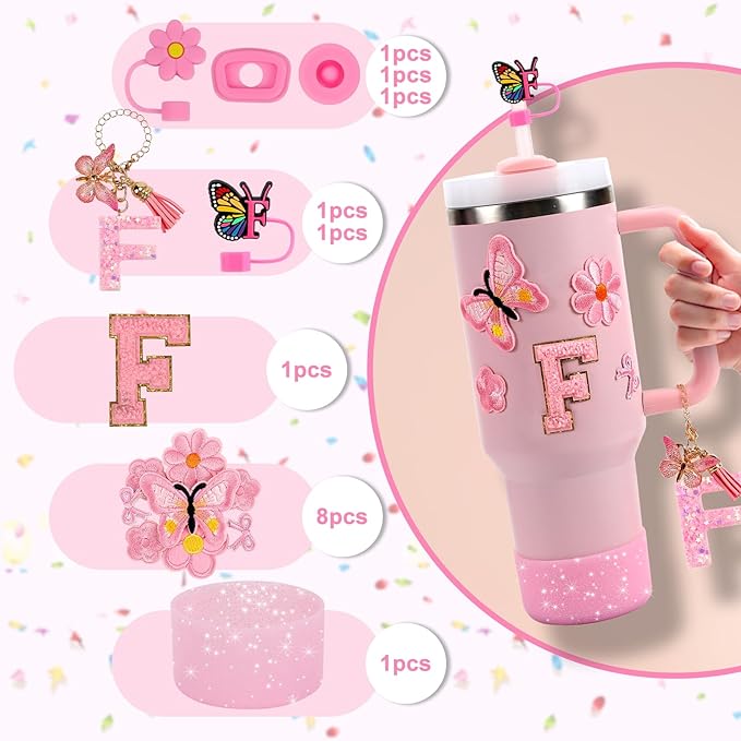 15PCS Cup Accessories Set for Stanley Cup 30oz 40oz Tumbler with Handle, Including Silicone Straw Cover and Boot, Spill Proof Stopper, Stanley Charms, Handle Charm, Initials Sticker