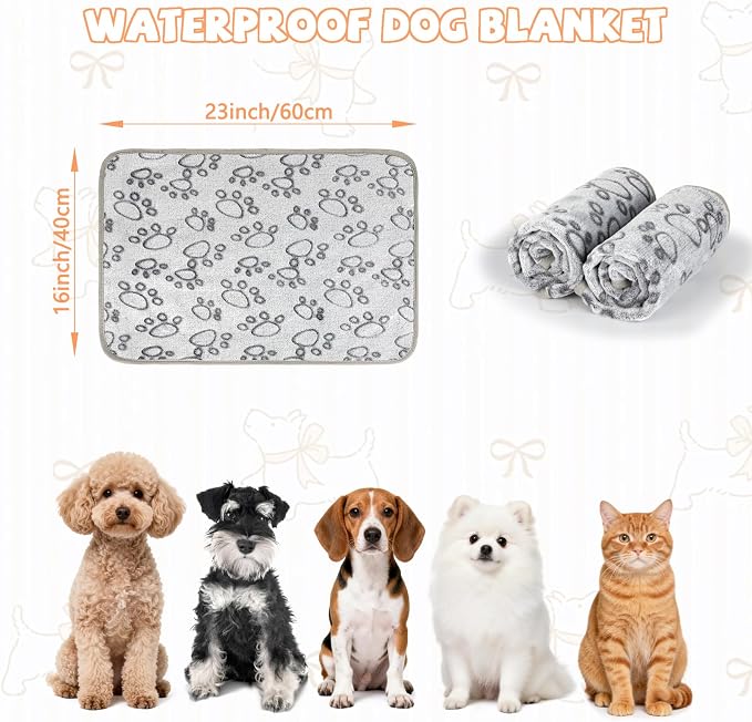 YUEPET 2 Pack Waterproof Dog Blankets, Washable Puppy Blankets 23 x 16 in | Grey Paw Print Pair, Reversible Fleece Throw, Heat-Reflective Mylar, Bed/Sofa/Car Protection, Small/Medium Dogs and Cats
