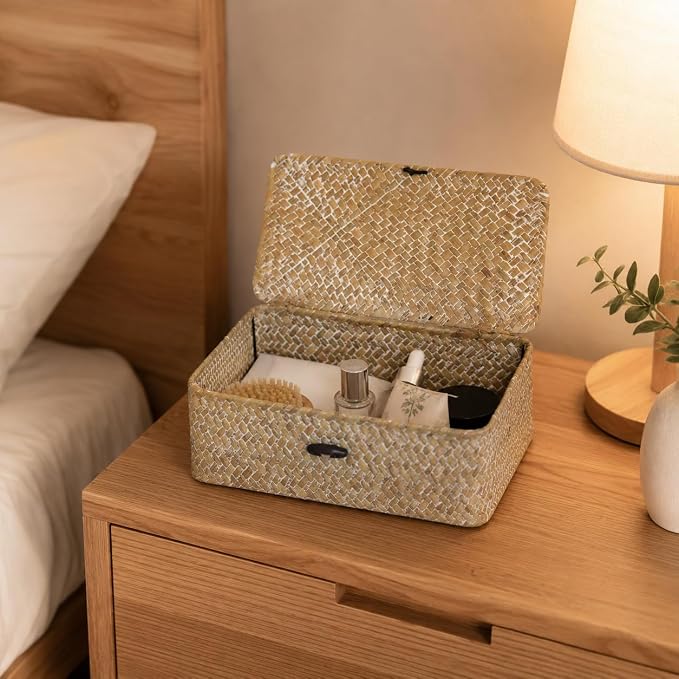 Seagrass Wicker Storage Basket with Lid, Small, Whitewash | 9.05 x 5.11 x 3.34 Inch Box, Shelf Organizer, Rectangular Woven Bin, Small Item Storage, Decorative Finish