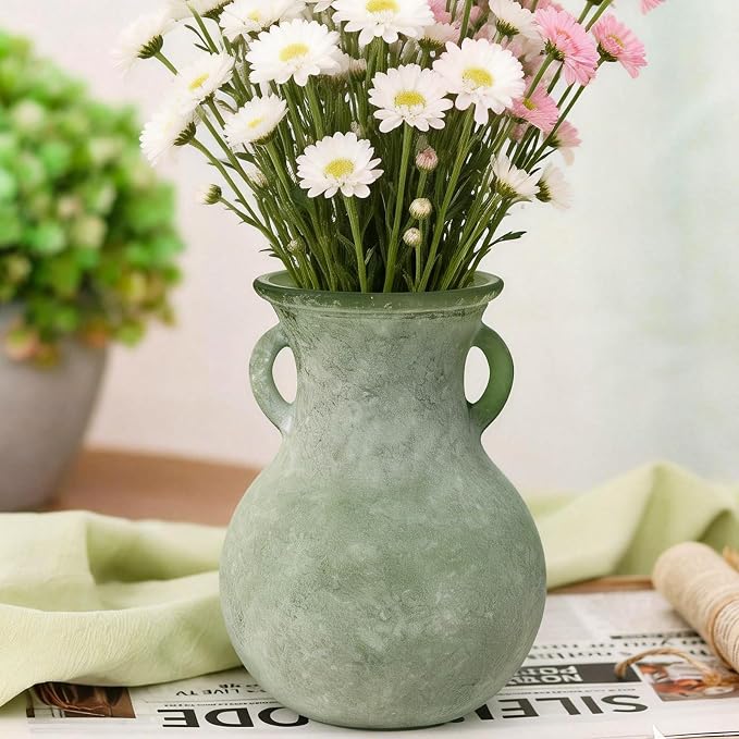Green Glass Vase with Handles, 7.5 Inch Rustic pottery Style Flower Vase, Vintage Decorative Round Bud Jar for Dried Flowers, Earthy Aesthetic Centerpiece for Modern Farmhouse & Boho Spring Home Decor