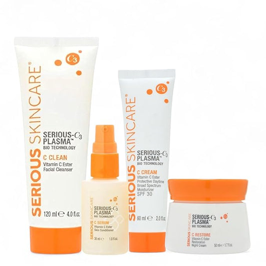 Serious Skincare - Vitamin C Day & Night Skin Care Set - Brightening Face Serum, Daytime SPF Moisturizer, Restore Night Cream, Face Wash - C3 C Esters for Hydrating, Fine Lines and Wrinkles (4Pack)