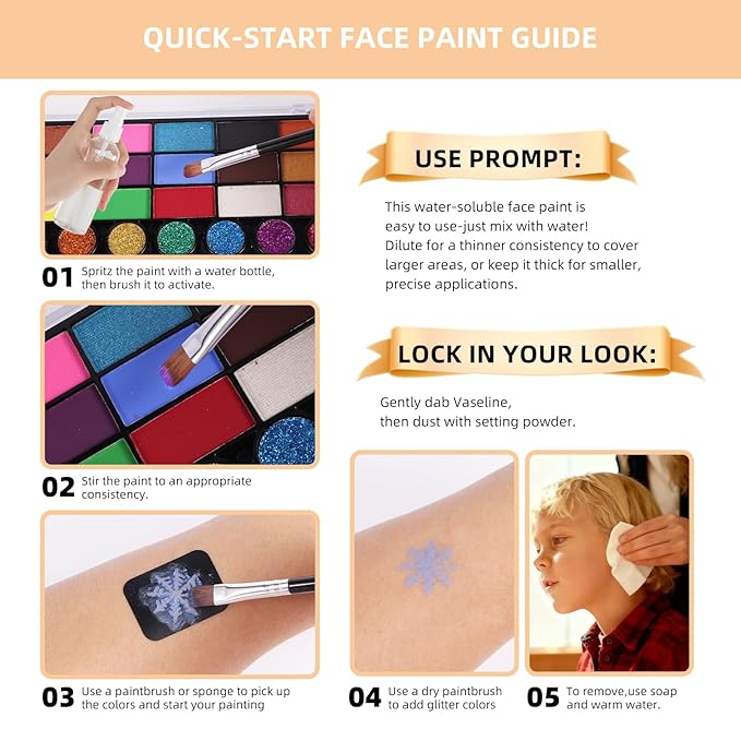 Face Painting Kit for Kids with Book,Stencils,Brushes,Non Toxic Water Activated Face Paint Palette For Halloween,Carnival,Party Costume Makeup Any Creative Activity with Kids (42 Colors)