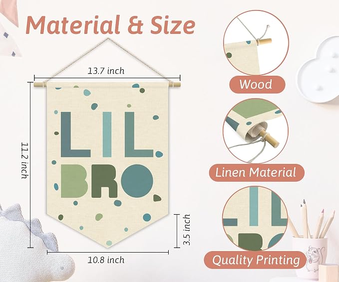 Boy Nursery Decor Canvas Banner, Brothers Playroom Wall Art Decorations, Boho Twin Room Sign, Lil Bro Big Bro, Sage Green Blue Kids Room Sibling Wall Hanging Pennant Flag Banner