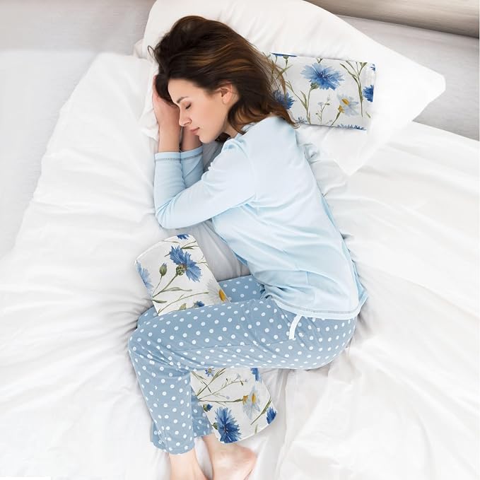 Neck Roll Pillow Bolster Pillows Round Health Memory Foam Long Cervical Cylinder Bolster Body with Removable Washable Cover for Bed Legs Back Yoga Blue Daisy Cornflowers White