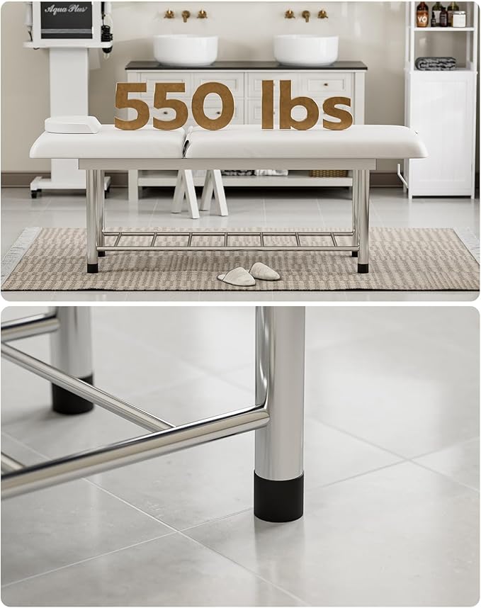 SyyBhb Professional Stationary Massage Table, 550lbs Heavy Duty Wide Exam Bed for Treatment, Backrest Adjustable, Removable Headrest, Bottom Shelf Storage and Towel Hook, White