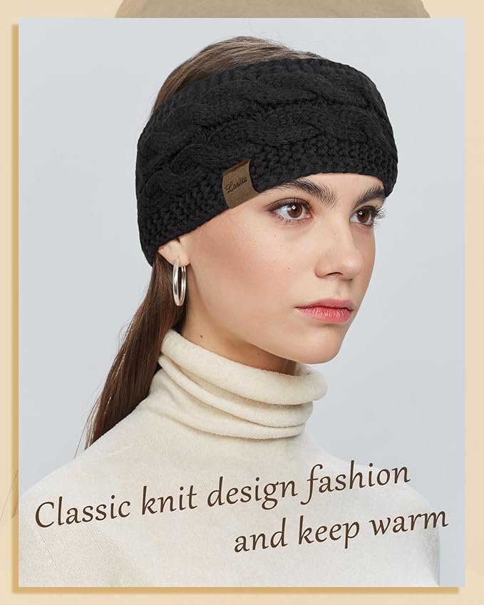 Loritta 2 Pack Headbands for Women Winter Warm Cable Knit Ear Warmer Thick Head Wrap Fuzzy Fleece Lined Gifts