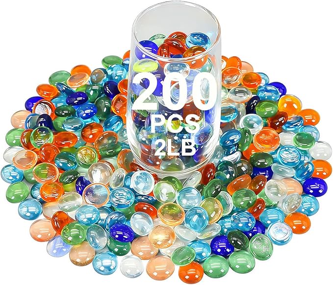 Decorative Glass Pebbles Flat Bottom Beads for Vase, Aquarium & Fish Tank | Mixed Color Glass Stones Vase Filler for Planter, Crafts, Home Art Decor (Mixed, 2 Pounds)