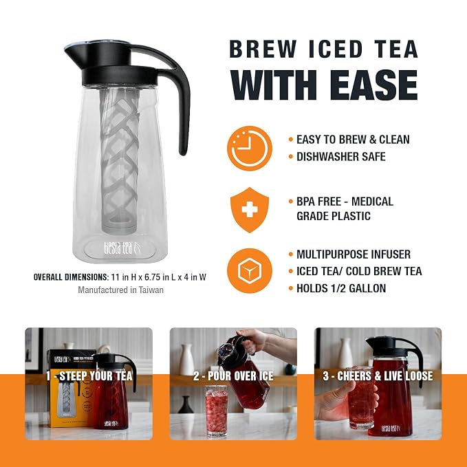 Tiesta Tea - Loose Leaf Iced Tea Pitcher, BPA-Free Tritan Plastic, Includes Multipurpose Nylon Mesh Infuser, Brew Hot & Cold, Leak-Proof Twist-On Lid, Dishwasher Safe, 1/2 Gallon Capacity