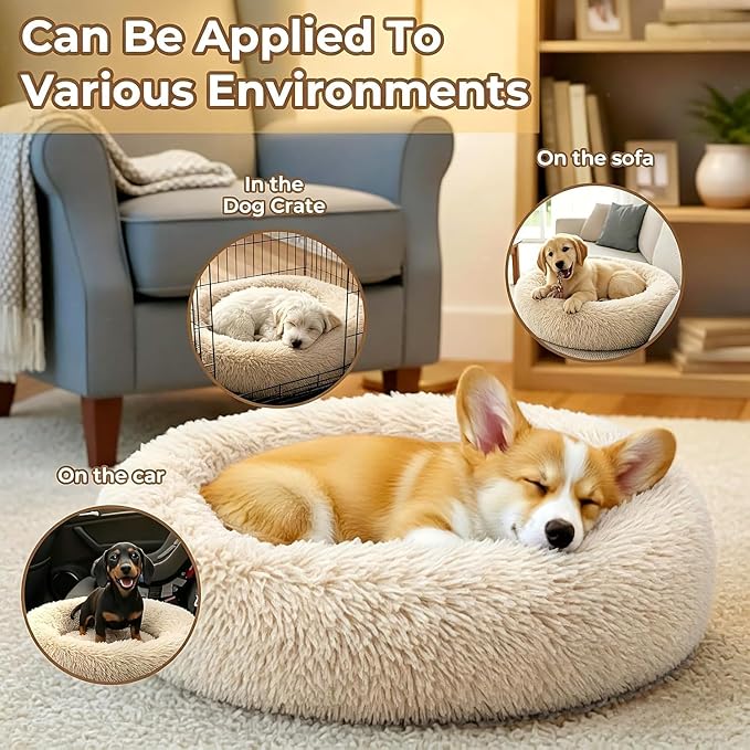Calming Extra Large Donut Dog Bed, Anti-Anxiety Round Soft Fluffy Plush Faux Fur Washable Anti-Slip Pet Bed for Medium Dogs Up to 45 lbs 32in Light-Brown