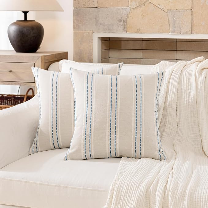 Hckot Stripe Throw Pillow Covers 26x26 Large Square Lake Blue Pillow Cover | Farmhouse Decorative Pillows Textured Linen Euro Sham Cushion Covers for Sofa Couch Bed Living Room Decor