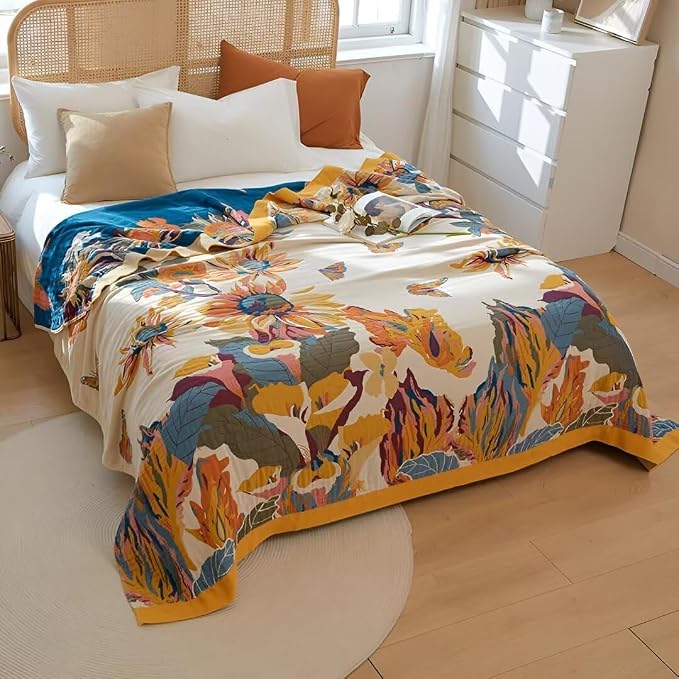 Boho Throw Blanket for Bed 100% Cotton Bohemian Blankets Ultra Soft Woven Muslin Decorative Blankets All Seasons Vintage Quilt Knitted Blanket for Sofa Chair(Yellow, 90"x98")