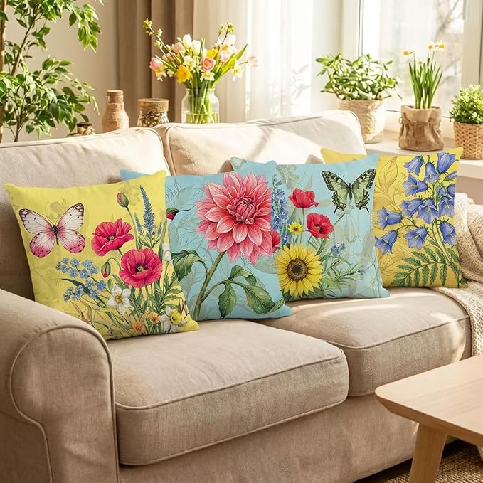 wyooxoo Spring Summer Pillow Covers 18x18 Set of 4 Decorative Throw Pillow Covers Linen Flower Butterfly Farmhouse Pillowcases for Sofa Couch Living Room Outdoor