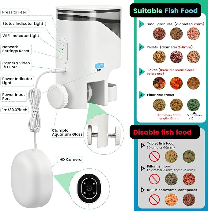 fishkeeper Automatic Fish Feeder for Aquarium Flakes, WiFi (2.4G/5.0G) | APP Control Auto Fish Food Dispenser/Betta Fish Feeder with HD 2.5K Camera and Timer, Aquarium Feeder for Turtle Koi Tanks