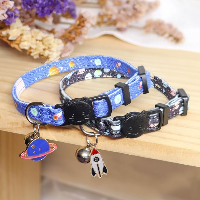 Cat Collar Breakaway, 2 Pack Cotton Kitten Collars with Bells and Removable Charms, Cute Planet Shaped for Indoor Boy, Girl and Adult Cats