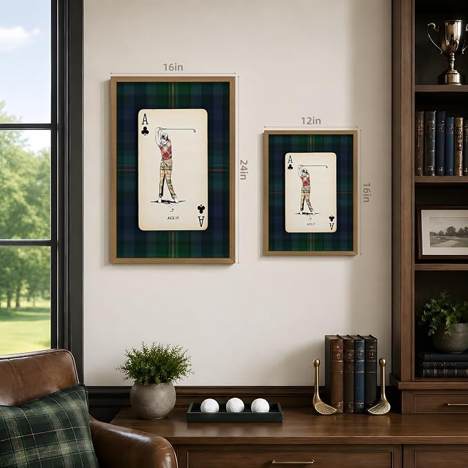VziizV Vintage Golf Wall Art, Playing Card Golfer Wall Decor, Retro Plaid Sports Artwork, Rustic Farmhouse Golf Poster Print for Office Man Cave Game Room Living Room Wood Framed 16x24 Inch
