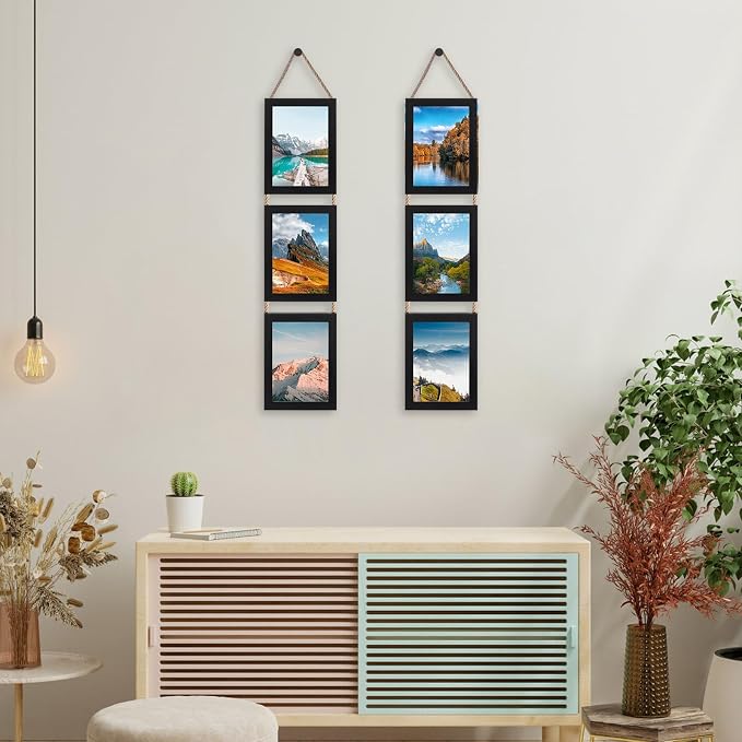 QUTREY 5x7 Collage Picture Frames Black, 6 Openings Vertical Hanging Photo Frame Set Display 5 by 7 inch Pictures for Wall Decor, 2 Pack