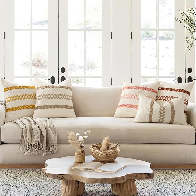 MIULEE Set of 2 Coral Red Boho Decorative Pillow Covers 18x18 Inch | Farmhouse Couch Throw Pillows Modern Spring Cotton Cushion CoversMacrame Woven Home Decor for Bed Sofa Chair