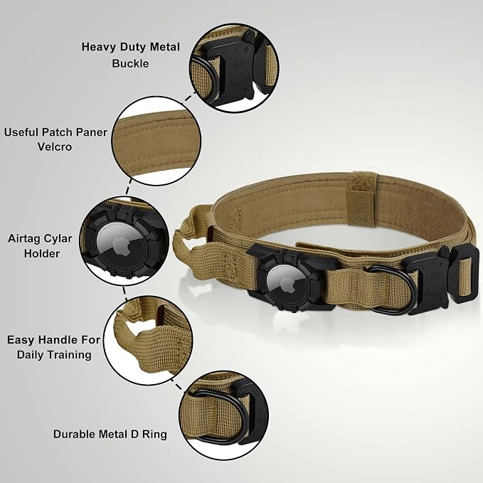 Tactical AirTag Dog Collar Leash Set - Heavy Duty, Adjustable GPS Collar