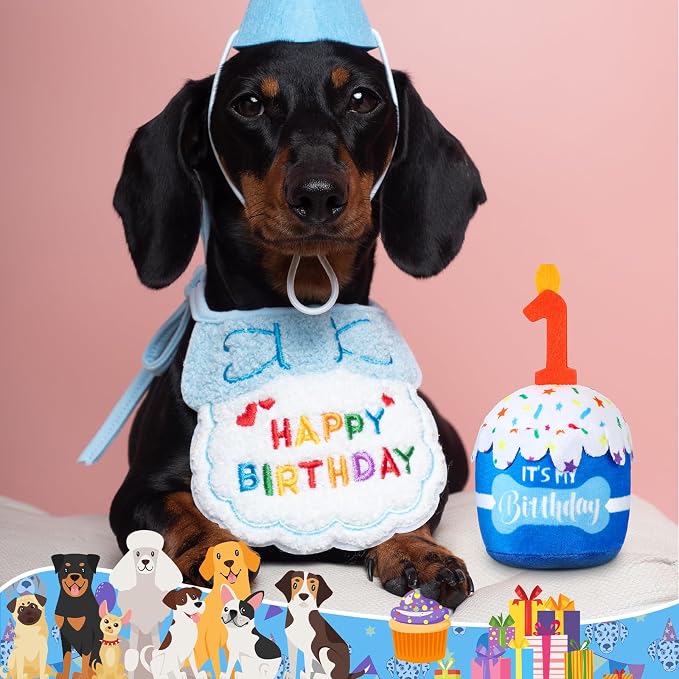 Dansydaisy Dog Birthday Cake Toy Squeaky Plush Gift,1st,Blue