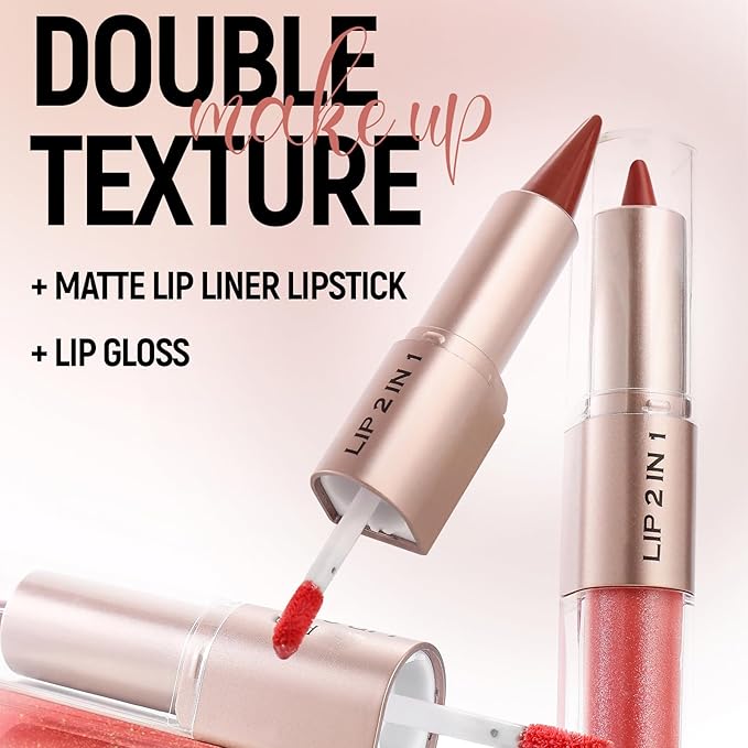 Lip Set - 2 in 1 Double Ended Lip Gloss Set, Nude Lip Mirror Effect, Velvet Matte Lip Liner, Long Lasting - Plumping - Moisturizing - Lip Effect, For Women, Chocolate & Cherry Red (2PCS)