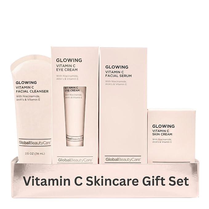 Global Beauty Care Vitamin C Glow Skincare Set - Complete Face Care Routine, Facial Cleanser, Serum, Eye Cream & Face Cream, with Niacinimade, AHA's & Vitamin E For Radiant Smooth Skin, 4-Piece Set