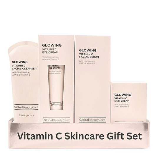 Global Beauty Care Vitamin C Glow Skincare Set - Complete Face Care Routine, Facial Cleanser, Serum, Eye Cream & Face Cream, with Niacinimade, AHA's & Vitamin E For Radiant Smooth Skin, 4-Piece Set